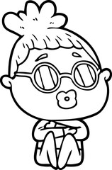 cartoon sitting woman wearing spectacles