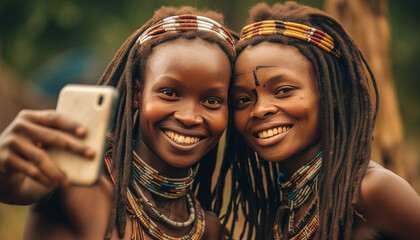 African tribe duo sharing laughter, embodying tranquility, generative ai