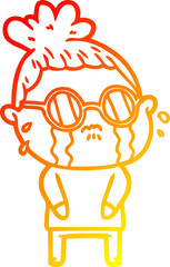 warm gradient line drawing of a cartoon crying woman wearing spectacles