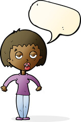 cartoon woman shrugging shoulders with speech bubble
