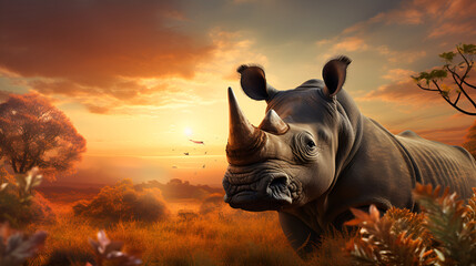 rhino in sunset.3D Rendering.Rhino on a Cloudy Sky Background.Rhino in the Enchanted Forest.Magical Energies.wildlife animal HD wallpaper.AI Generative  - obrazy, fototapety, plakaty