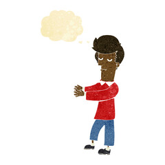 cartoon bored man showing the way with thought bubble