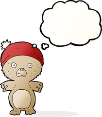 cartoon cute teddy bear in hat with thought bubble
