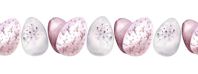 Watercolor border with eggs isolated on a white background. Easter hand drawn illustration for invitations and cards