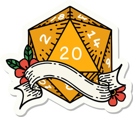 sticker of a natural twenty D20 dice roll
