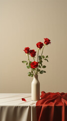 Obraz premium Simple yet striking composition of red roses in a white vase against a neutral backdrop, symbolizing pure affection.