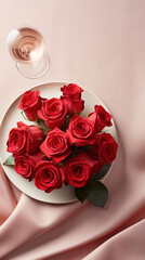 Overhead view of a bouquet of red roses arranged on a plate, capturing the essence of Valentine's romance in a modern presentation.