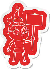 quirky cartoon  sticker of a woman wearing glasses wearing santa hat