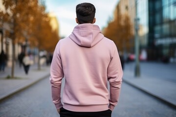 Fototapeta premium Man In Pink Hoodie On The Street, Back View, Mockup