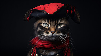 Cat wearing pirates hat and red bandanna