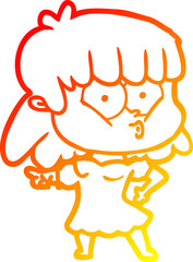 warm gradient line drawing of a cartoon whistling girl
