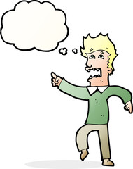 cartoon frightened man pointing with thought bubble