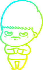 cold gradient line drawing of a annoyed cartoon boy