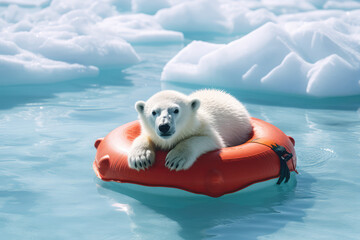 Melting Snows Surround A Polar Bear On A Lifebuoy, Highlighting Climate Change