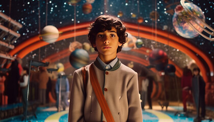 Obraz premium Young Middle Eastern boy explores space science exhibition on a school trip