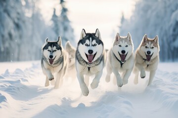 Naklejka premium Pack Of Husky Dogs Running In A Snowy Winter Landscape