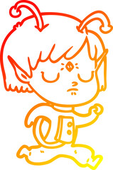 warm gradient line drawing of a cartoon alien girl