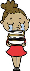 cartoon crying woman with stack of books