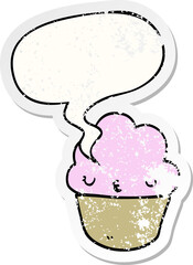 cartoon cupcake with face with speech bubble distressed distressed old sticker