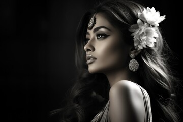 Side portrait of a beautiful female of Indian ethnicity in a desaturated colour tone