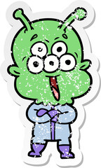 distressed sticker of a happy cartoon alien
