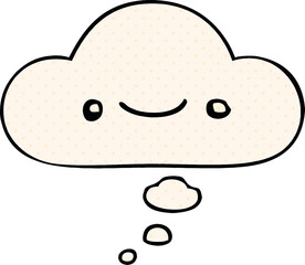 happy cartoon face with thought bubble in comic book style