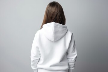 The Little Girl In White Hoodie On White Background, Back View, Mockup