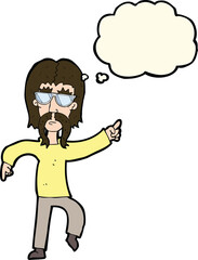 cartoon hippie man wearing glasses with thought bubble