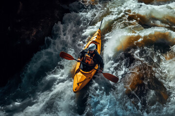 Fototapeta premium Top View Of Kayak Sailing On Mountain River Extreme Spor Photorealism