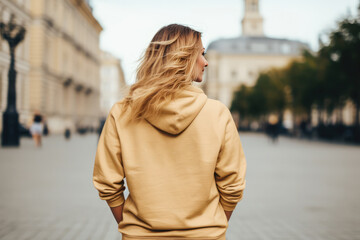 Woman In Gold Hoodie On The Street, Back View, Mockup