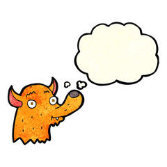 cartoon happy fox with thought bubble