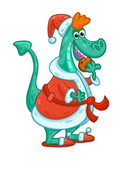 Dragon in a cocoa cup with marshmallows A purple dragon in a sweater with a sparkler in his hands Red dragon on skis with a backpack of gifts