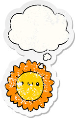 cartoon flower with thought bubble as a distressed worn sticker