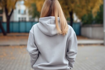 Woman In Silver Hoodie On The Street, Back View, Mockup