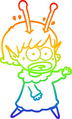 rainbow gradient line drawing of a cartoon shocked alien girl
