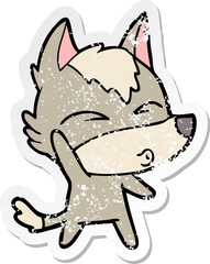 distressed sticker of a cartoon waving wolf whistling