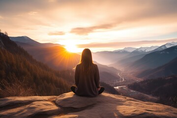 Young Woman Finds Serenity And Focus In Mountain Meditation