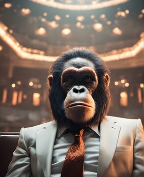 Orangutan in mafia boss style, Anthropomorphic animals, Portrait photography, AI generated image.