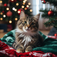 cat laying on a blanket next to a Christmas tree