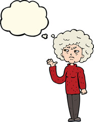 cartoon annoyed old woman waving with thought bubble