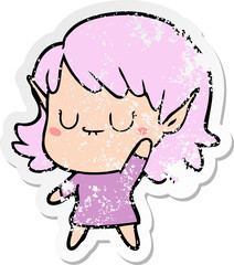 distressed sticker of a happy cartoon elf girl