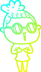cold gradient line drawing of a cartoon woman wearing spectacles