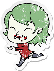 distressed sticker of a cartoon vampire girl with blood on cheek
