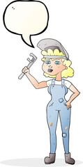 freehand drawn speech bubble cartoon capable woman with wrench