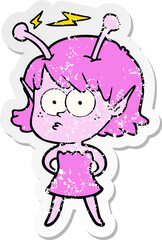 distressed sticker of a cartoon alien girl