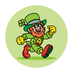 Vintage cartoon mascot of a leprechaun, with Four-leaf clover, walking, vector illustration