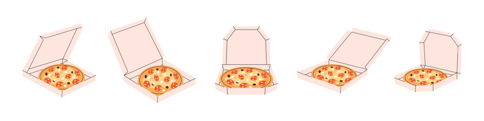 Traditional italian pizza in boxes. Italian cuisine, traditional food. Vector illustration.