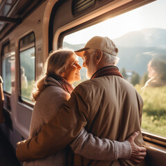  Back side view, Close up at elder couple's hand embrace around their waist and hug during travel by train and landscape scenery through train's window.