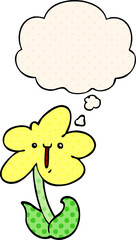 cartoon flower with thought bubble in comic book style