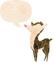 cartoon deer with speech bubble in grunge distressed retro textured style